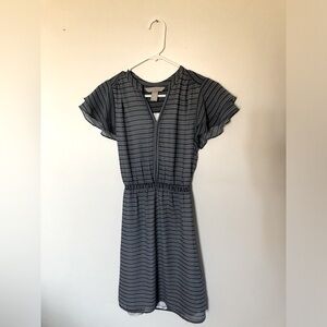 H & M Blue & White Lightweight Mini Dress With Slip Ruffled Sleeve Cinched Waist